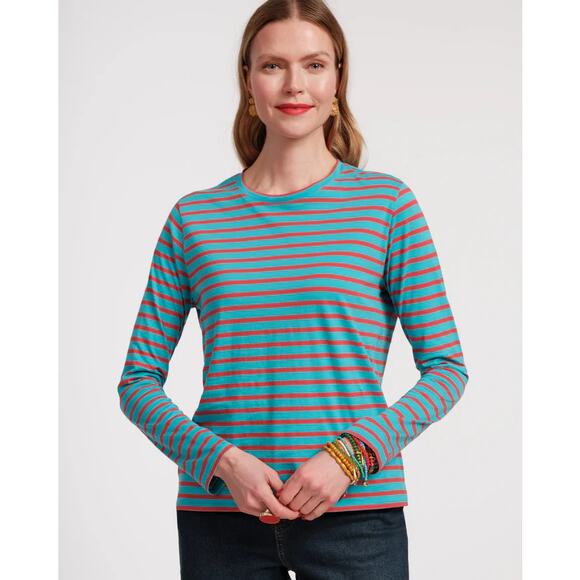 Frances Valentine Pima Cotton Striped Long Sleeve Crew Neck Tee Turquoise Red M - Picture 1 of 9